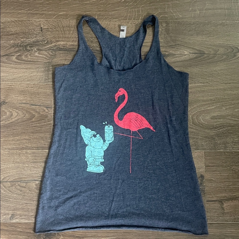 Front Yard Brewing Heather Blue Tank Top w/Flamingo &!Gnome Graphic, Size XS